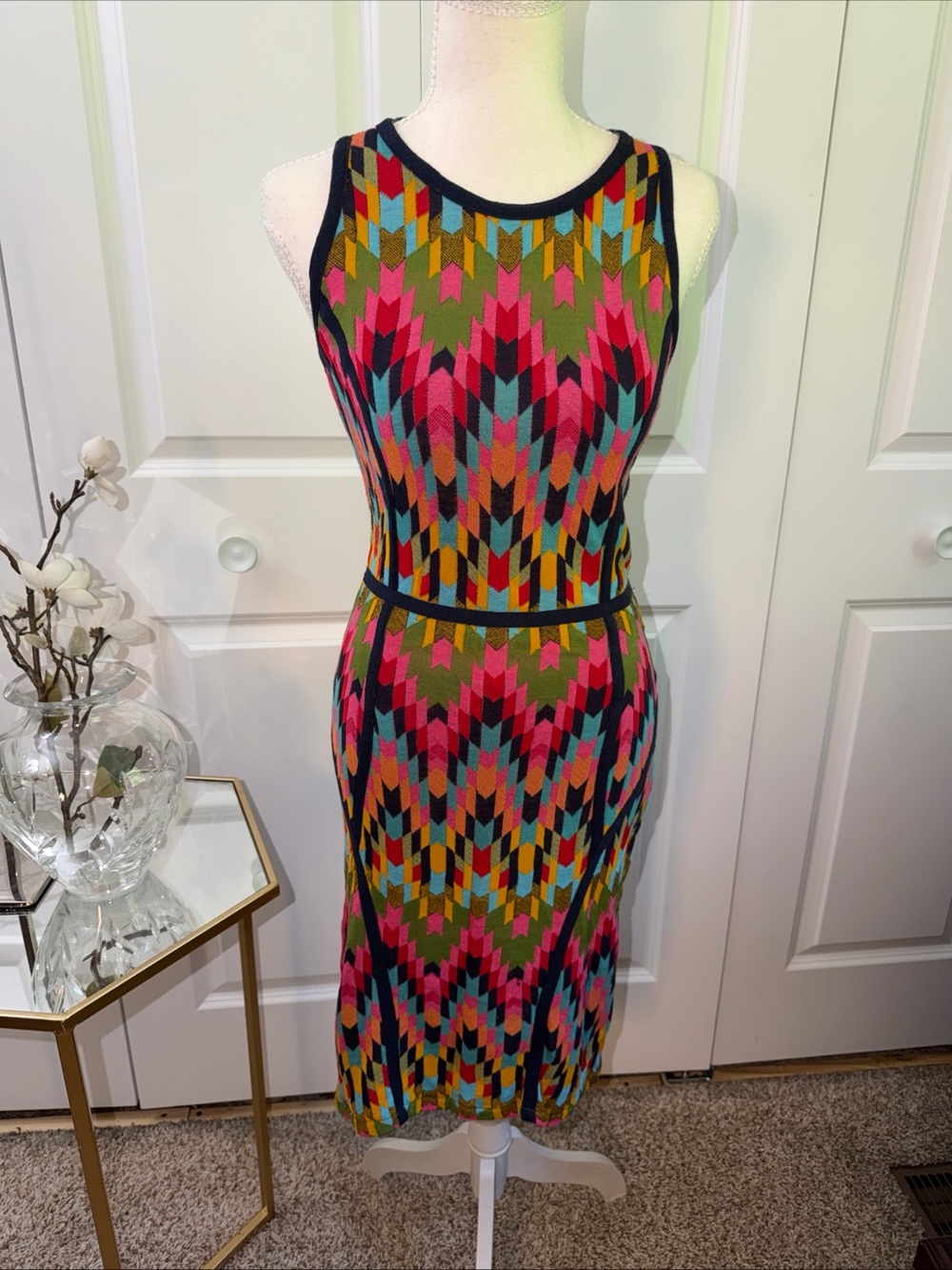 Sleeveless Multicolor Geometric Knit Midi Dress - Pink & Green